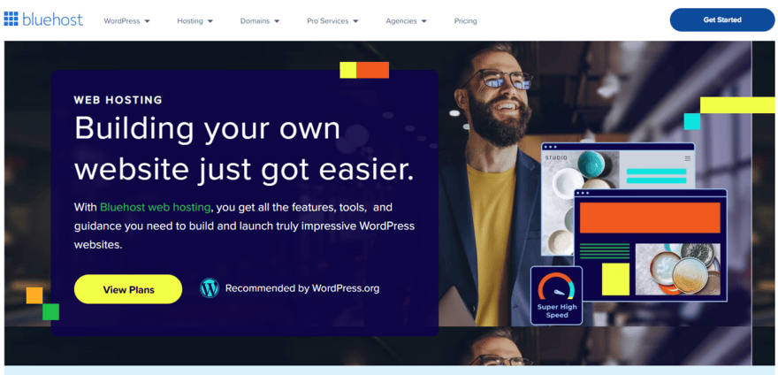 Bluehost landing page for web hosting with a button to view plans and sign up