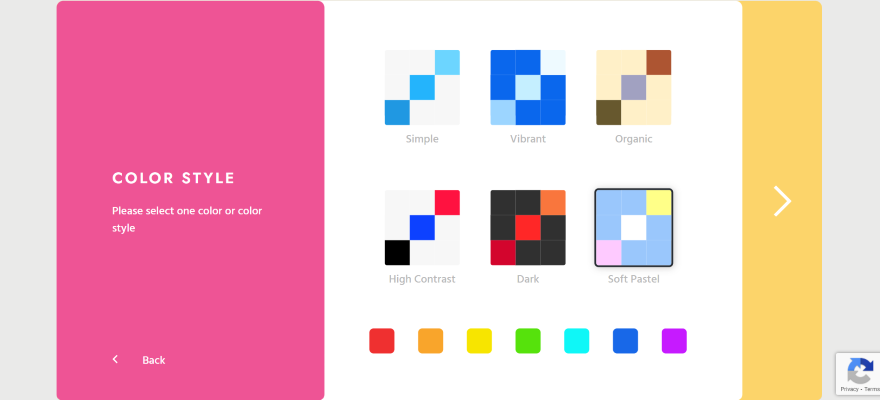A color style selection interface with six options: Simple, Vibrant, Organic, High Contrast, Dark, and Soft Pastel, plus color swatches below.