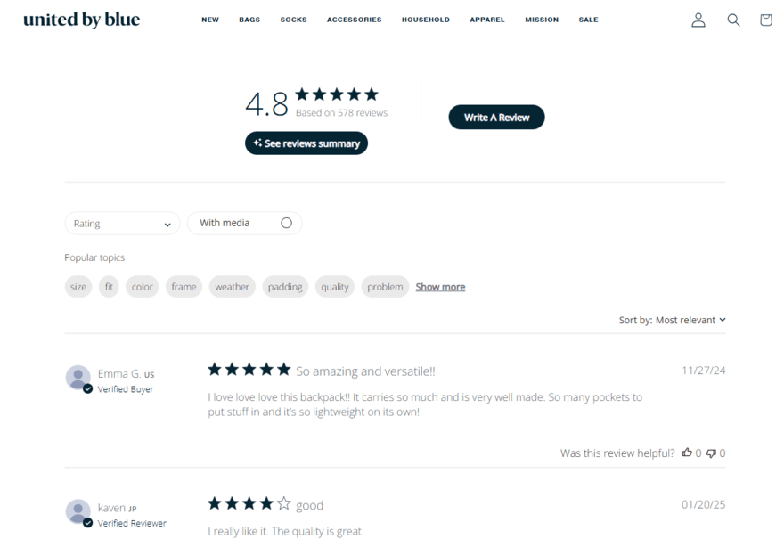 Customer reviews on a United by Blue product page
