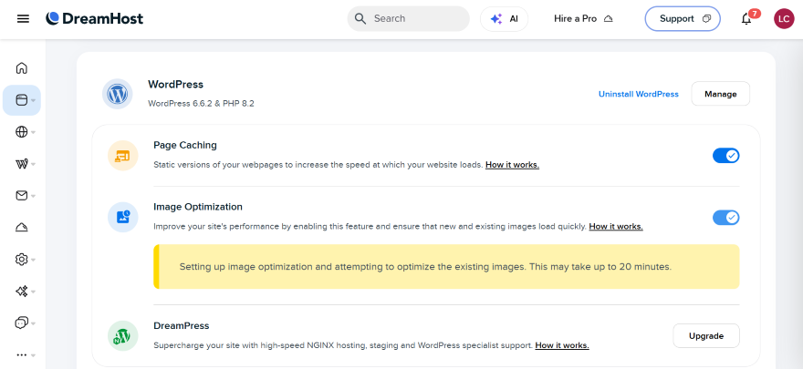 Screenshot of an image optimization option from Bluehost's dashboard
