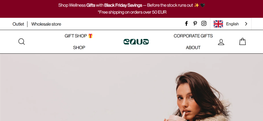 Screenshot of Equa's landing page with hero image of a woman using a water bottle below a Black Friday deal banner