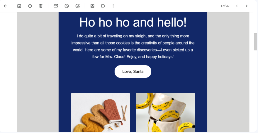 Screenshot of an etsy email from Santa showcasing different gift ideas.