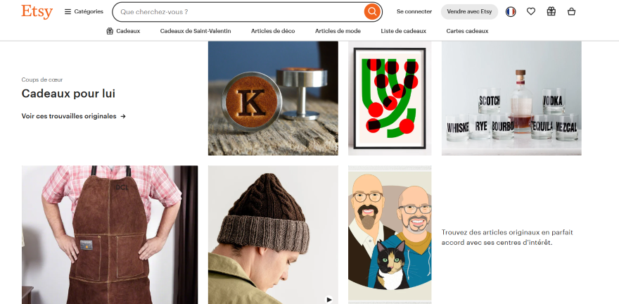 Screenshot of the Etsy homepage in France with product imagery and text