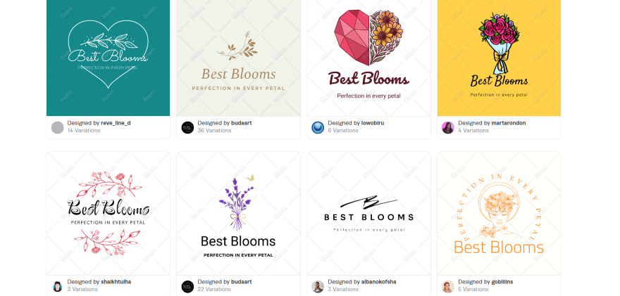A grid of floral-themed logos for "Best Blooms," featuring varying designs, colors, and the tagline "Perfection in every petal."
