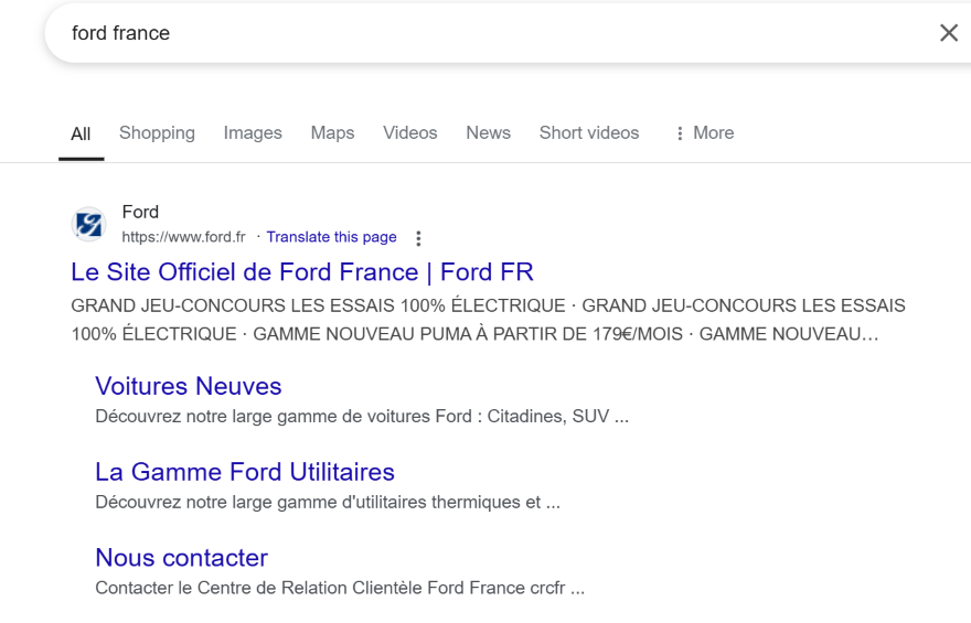 Search result in Google for an Offical Ford website in French