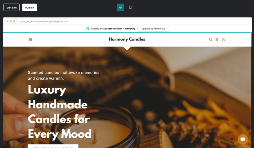 GoDaddy AI website builder showing a template for a candle business