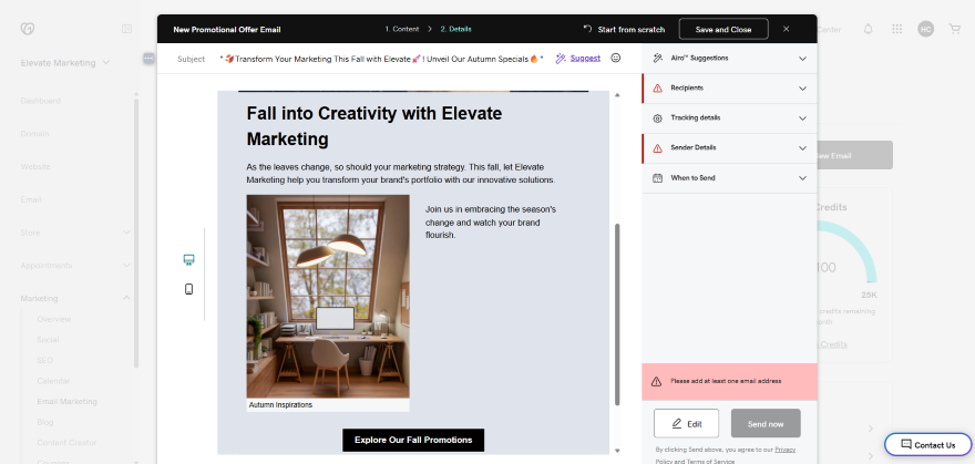 A promotional email draft inviting users to explore autumn marketing strategies, featuring a cozy workspace image and an "Explore Our Fall Promotions" button.