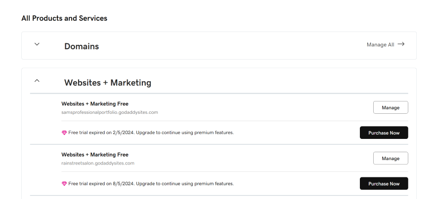 Screenshot of GoDaddy's Dashboard page with options to manage a site, domains, and marketing