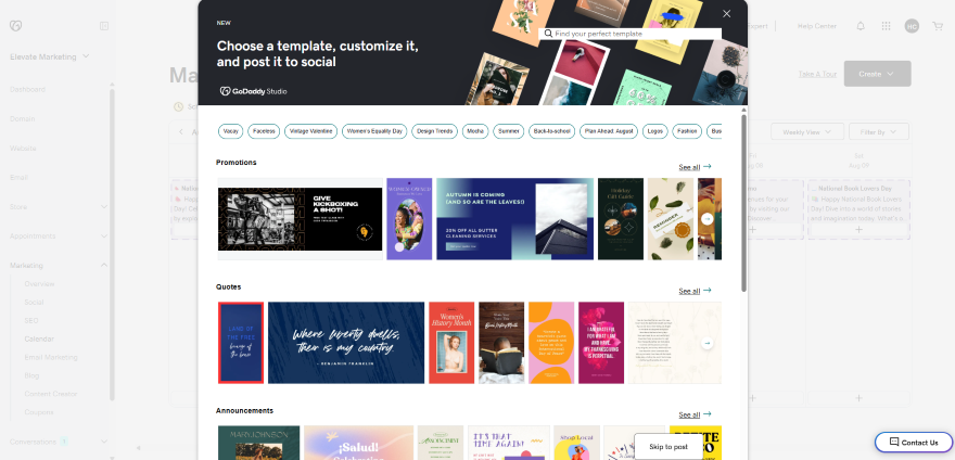 A screenshot of GoDaddy Studio's marketing dashboard, showcasing customizable templates for promotions, quotes, and announcements.