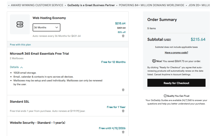 GoDaddy checkout page for a web hosting plan showing the overall cost and additional fees attached (which are currently on a free trial)