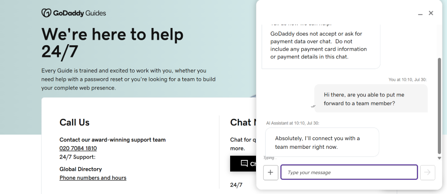GoDaddy support chat interface, offering 24/7 help with a focus on web presence and security during customer interactions.