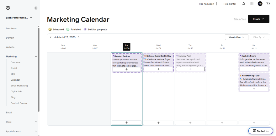 A screenshot of a marketing calendar for July 6-12, 2025, showcasing scheduled events and promotional activities.
