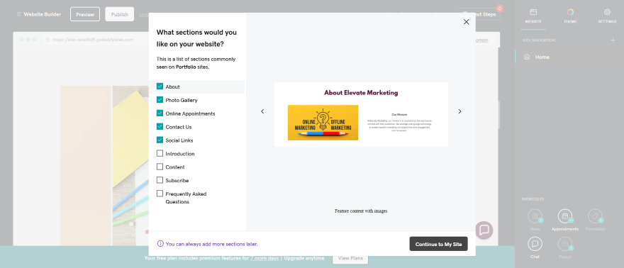 Popup menu displaying sections options for a website builder, featuring "About Elevate Marketing" with colorful visuals for online and offline marketing.