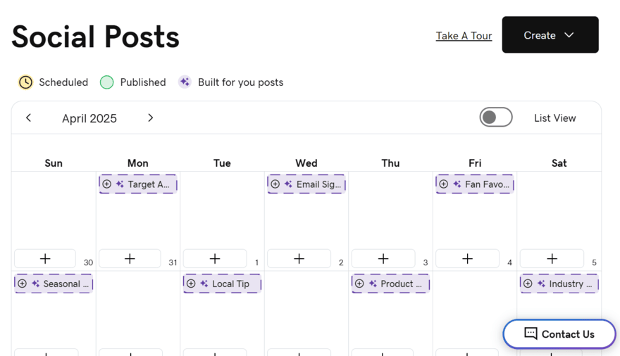 GoDaddy's social post calendar showing suggested content ideas