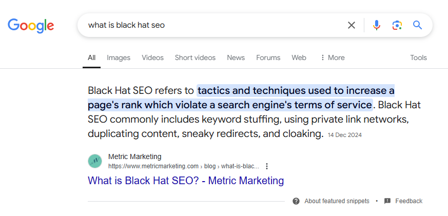 Featured snippet in Google about black hat SEO