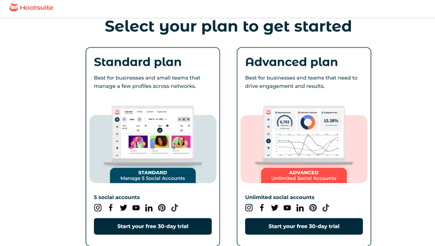 Screenshot of two graphics showcasing two different plan tiers for Hootsuite