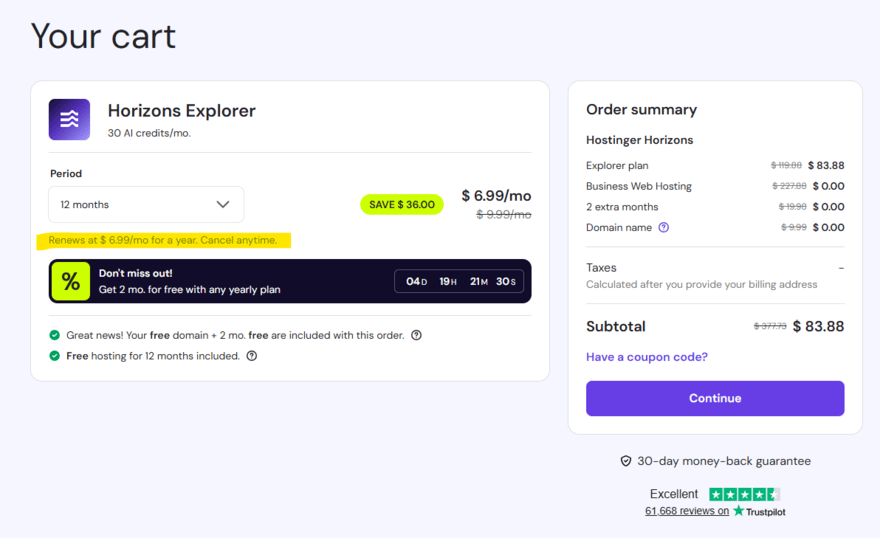 Hostinger Horizons checkout for Explorer plan showing renewal cost highlighted in yellow