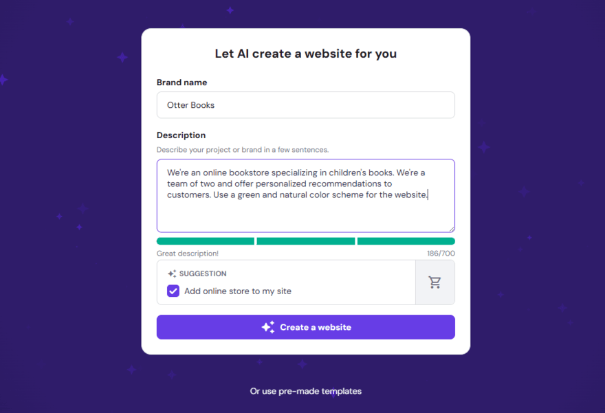 Hostinger's AI website builder prompt box