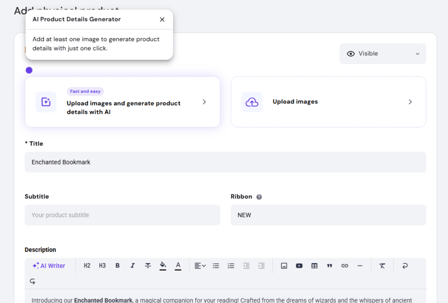 Hostinger's AI product generator tool