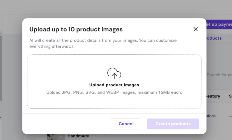 Hostinger's AI product generator pop up for uploading product images