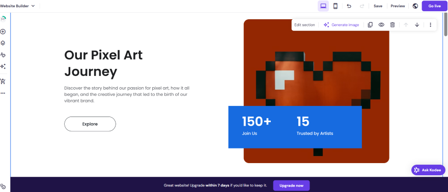 Screenshot of an "About us" section of a website with a heading and pixel art image of a heart