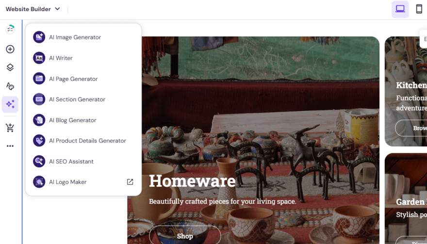 Hostinger's AI tools listed in the website editor