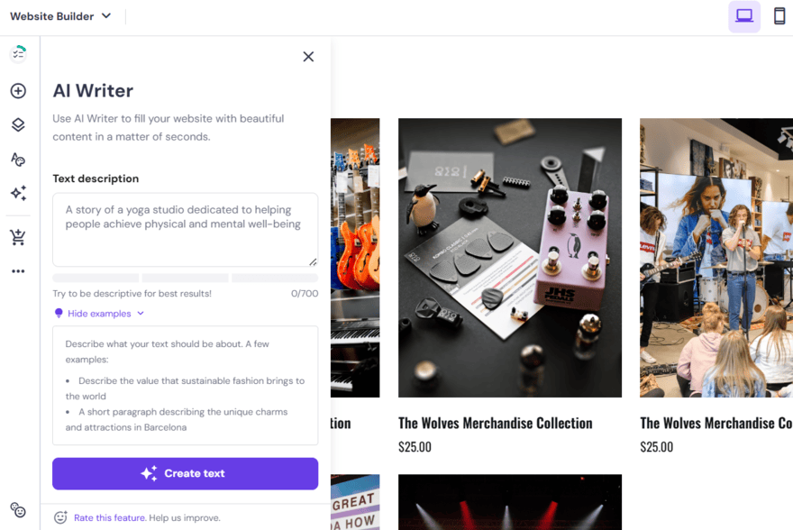 Hostinger's AI writer tool in the website editor