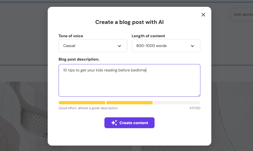Hostinger AI blog post creator pop up
