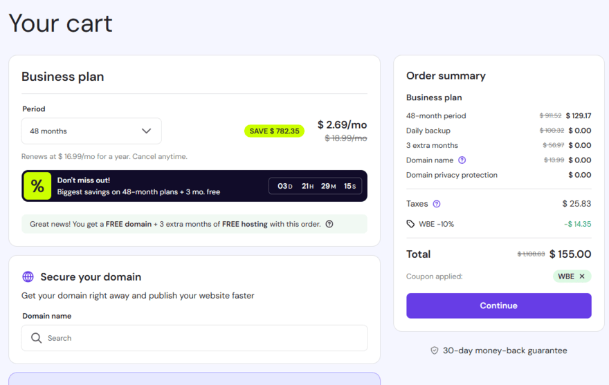 Hostinger checkout page showing the WBE code applied as well as taxes and what's included in the package