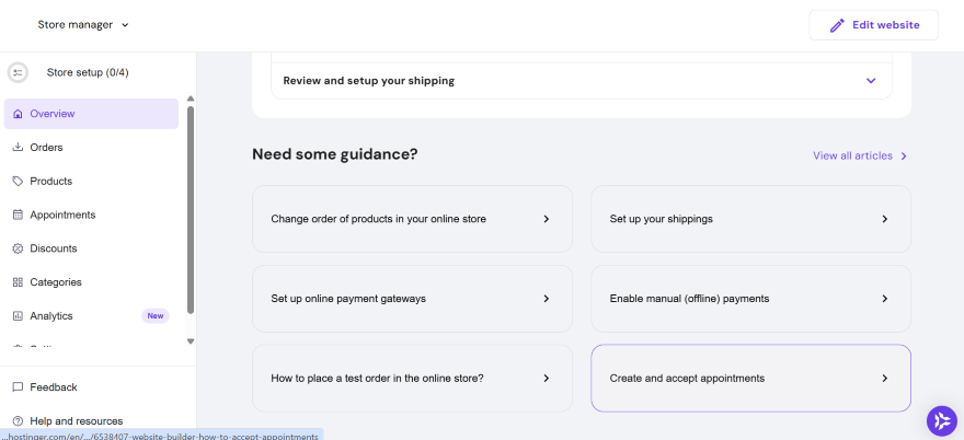 Hostinger's dashboard with links to external resources from the Help Center