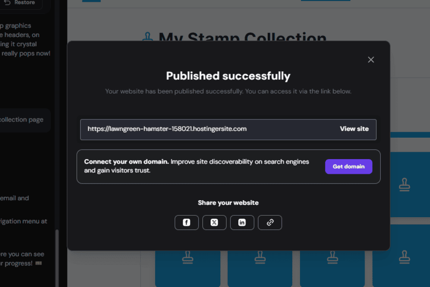 Pop up box showing the web app created by Hostinger Horizons has been published, with URL links on display