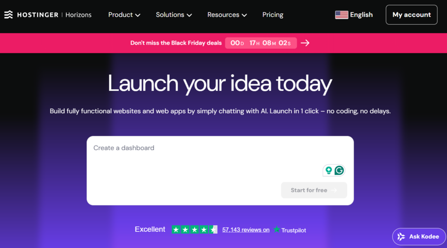 Hostinger Horizons dashboard showing the AI prompt box