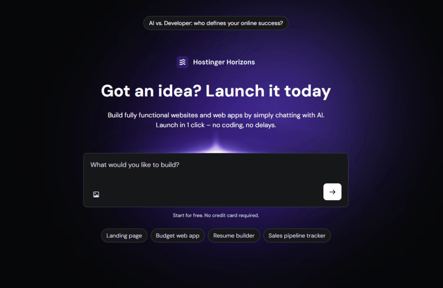 Hostinger Horizons homepage with a box to add a prompt