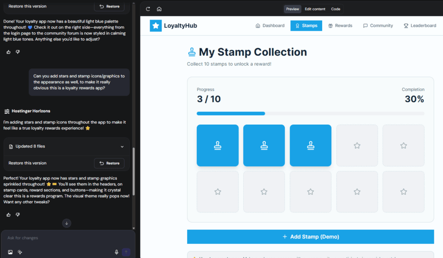 Hostinger Horizons app preview for a loyalty app
