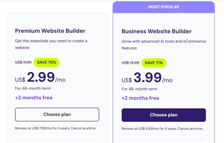 Hostinger's website builder pricing plans