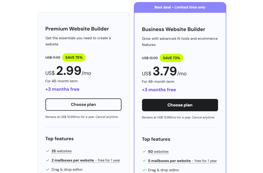 Hostinger's website builder pricing plans