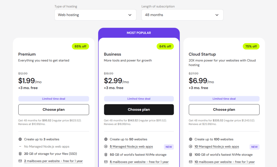 Hostinger's web hosting plans and prices