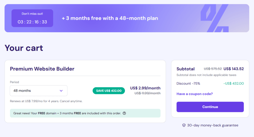 Checkout page for Hostinger's Premium Website Builder plan