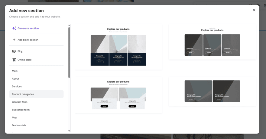 Hostinger's section library for its website builder, showing a range of product section options