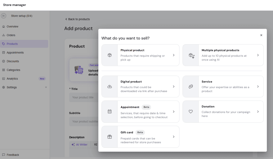 Product options when adding a new product in Hostinger
