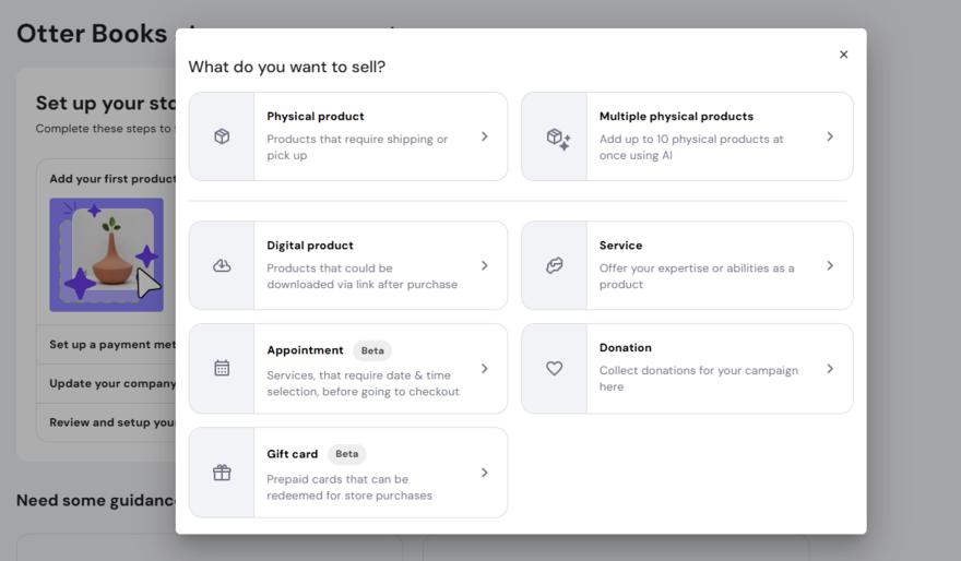 Pop up box showing different product types to add to Hostinger inventory