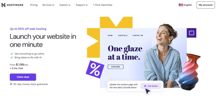 Hostinger landing page for web hosting with a purple button to claim deal