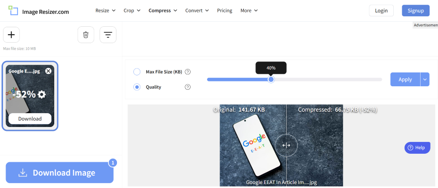 Screenshot of an image that's been compressed with a free browser tool