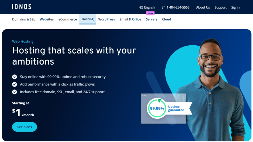 IONOS web hosting landing page showing the $1 plan deal