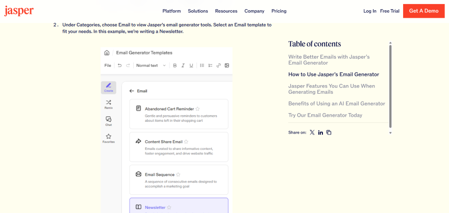 Screenshot of Jasper's email generator interface, showcasing various email template options, including "Newsletter."