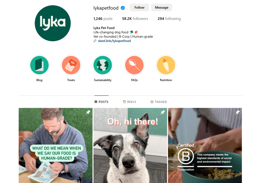 Instagram profile for Lyka pet food