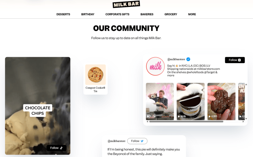 Milk Bar social links on its website