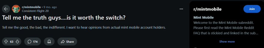 Mint Mobile reddit thread about switching providers