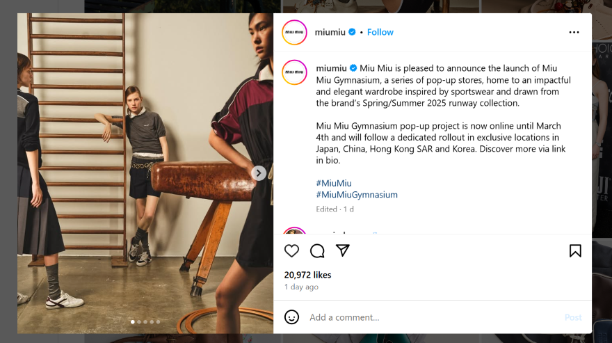 Screenshot of a Miu Miu Instagram post unveiling a pop-up with promotional fashion imagery