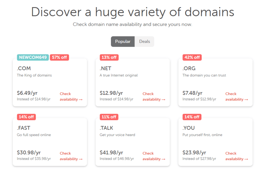Two rows of cards showing Namecheap extensions and prices